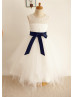 Ivory Lace Handkerchief Tulle Skirt Keyhole Back Flower Girl Dress